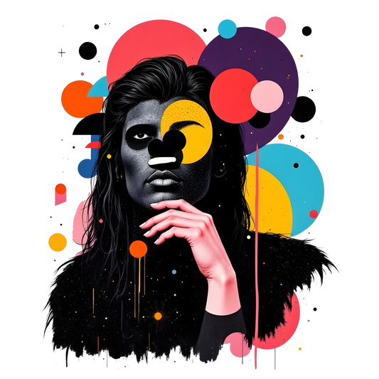 Abstract artwork of a person with black face paint and colorful circles.