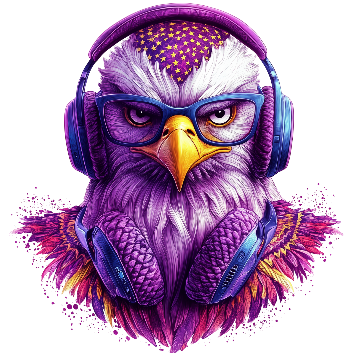 Purple eagle with headphones and glasses on a white background