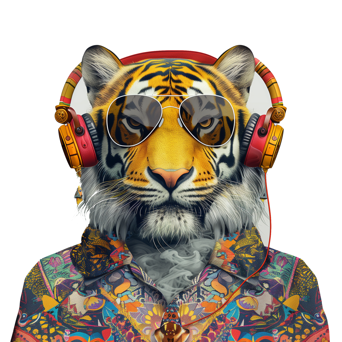 Tiger wearing sunglasses and headphones with a colorful shirt.