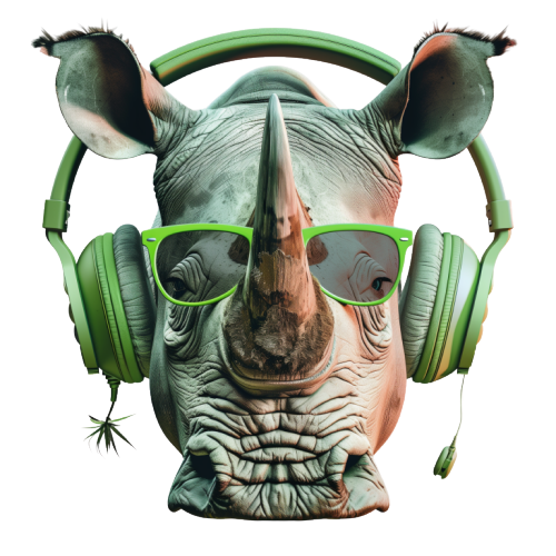 Rhinoceros wearing green headphones and sunglasses on a white background