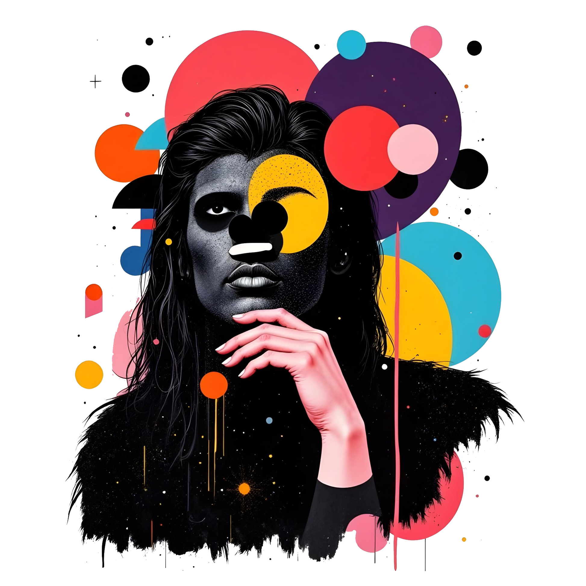 Abstract artwork of a person with black face paint and colorful circles.
