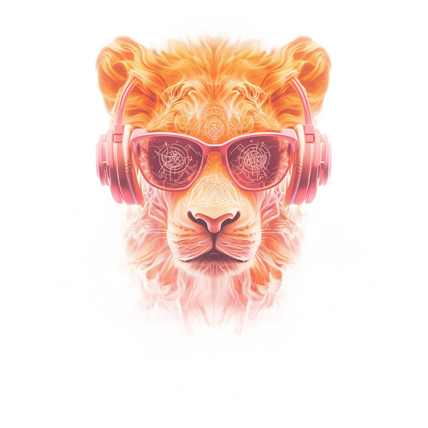 Stylized lion wearing headphones and sunglasses on a white background