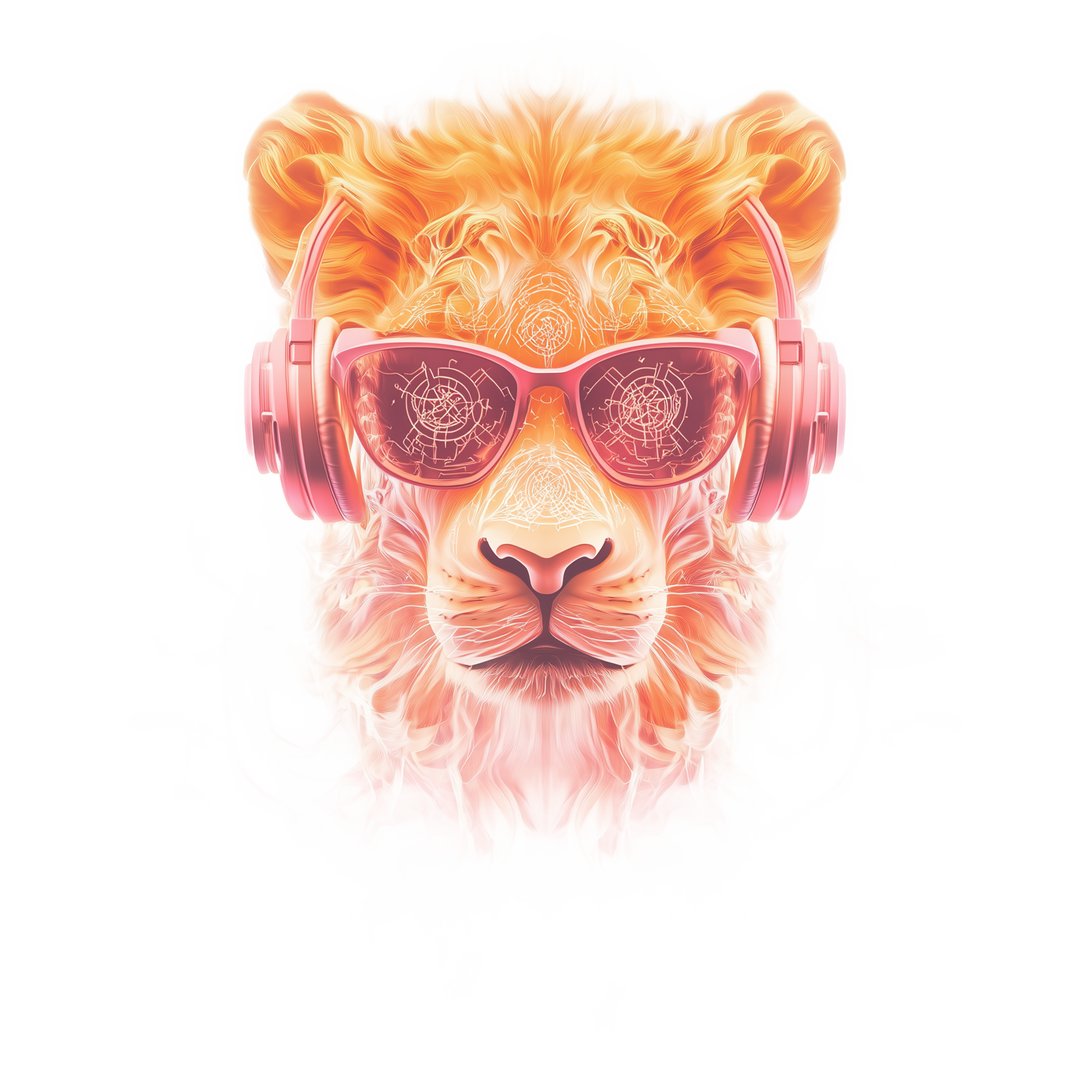 Stylized lion wearing headphones and sunglasses on a white background