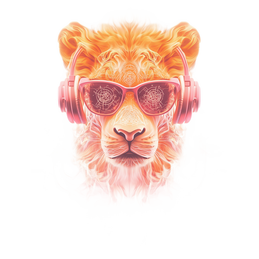 Stylized lion wearing headphones and sunglasses on a white background