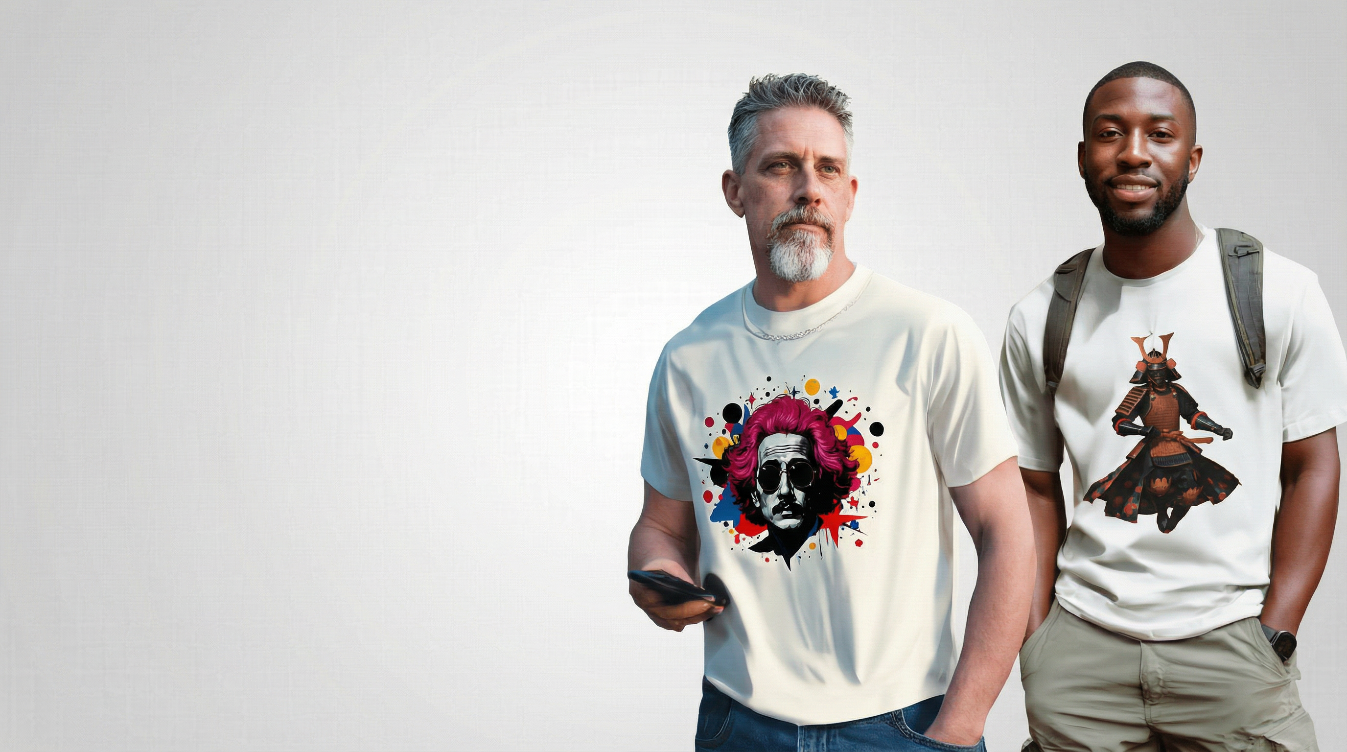Two men wearing t-shirts with graphic designs on a plain background